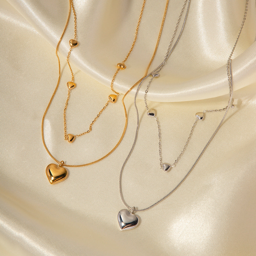 Kenny Heart Pendant Double-layer Necklace - Gold & Silver